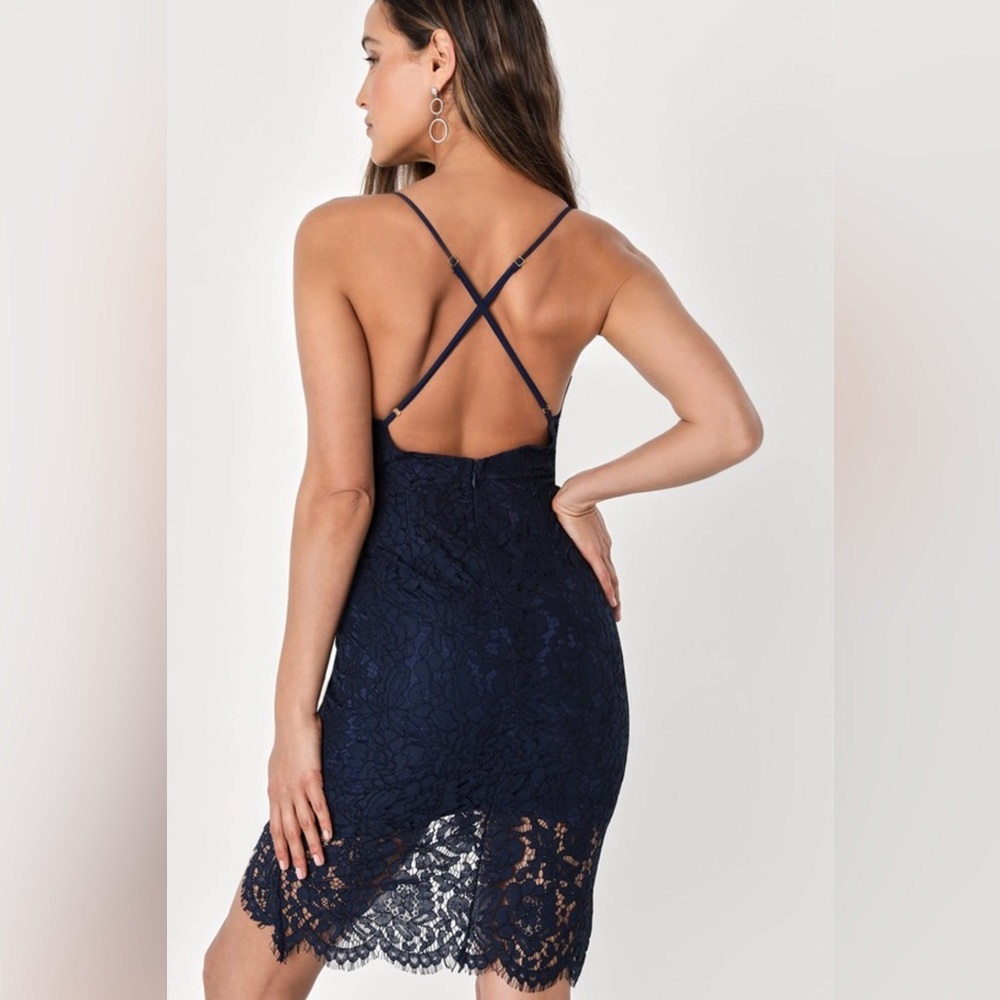 NWT Lulus Large Flirting with Desire Navy Blue Lace Bodycon Dress